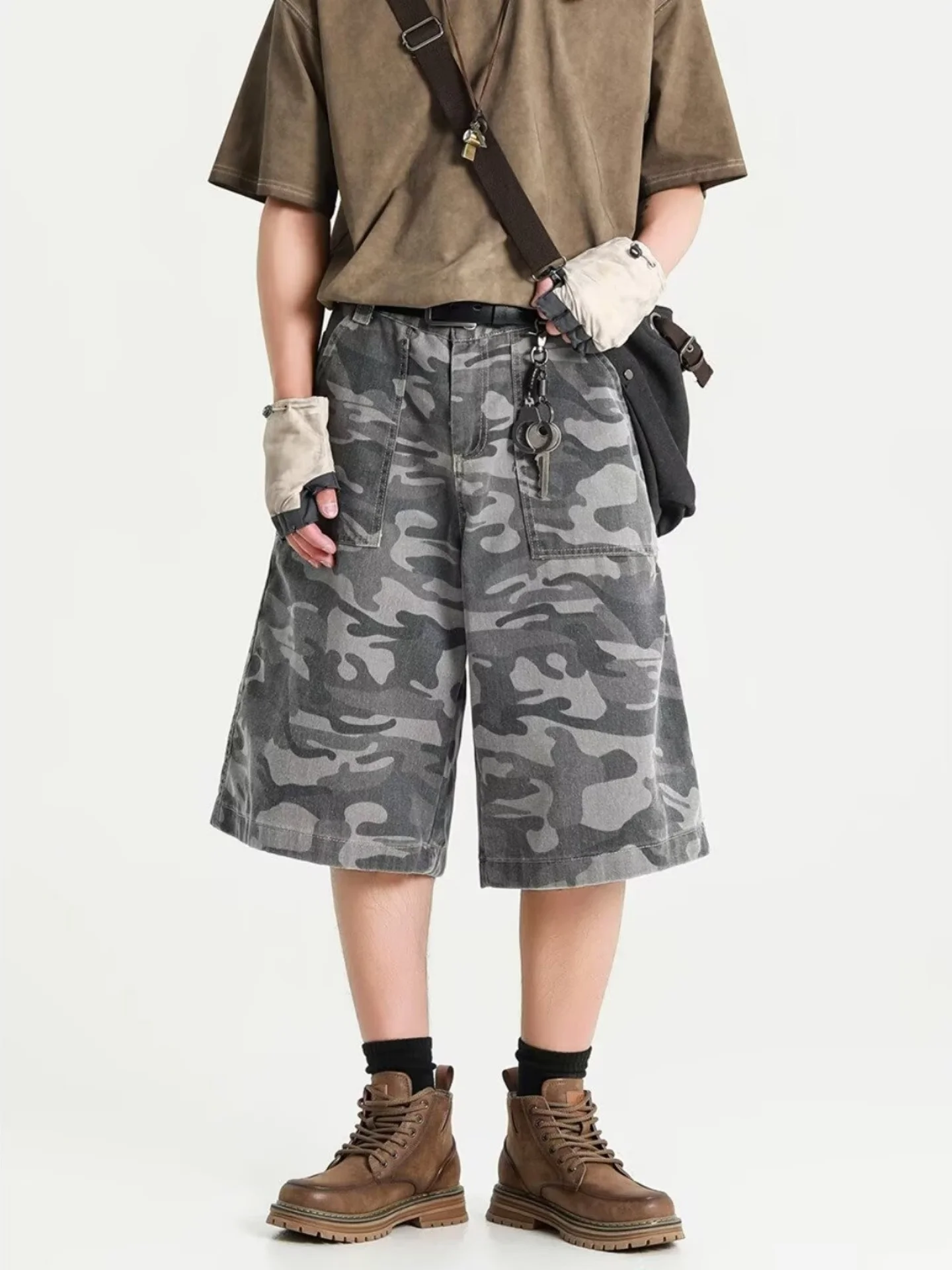 

American Washed Camouflage Workwear Jeans Men's Trendy Loose Straight Leg Mid-Calf Shorts Casual Straight Footwear