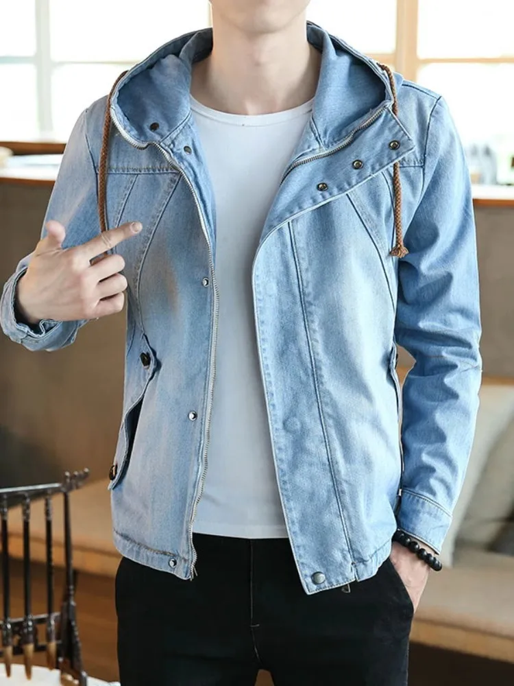 Spring Autumn Japanese Retro Mens Hooded Denim Jacket New Slim Fit Zipper Casual Outerwear Male Long Sleeve Streetwear Coats