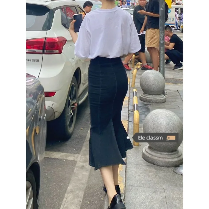 ارتفاع الخصر Bla غير المتكافئة فاي الذيل الدنيم تنورة المرأة حجم صغير التخسيس مثير فتاة Bodycon تول هيم ميدي تنورة