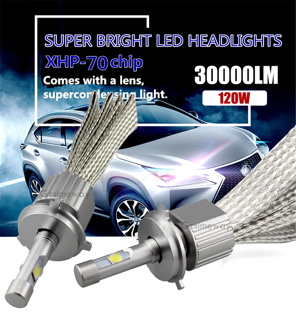 2PCS Car Light H7 LED H4 H11 9005 HB3 9006 HB4 9012 D2S D2H H13 9004 LED Headlight Bulbs 6000K XHP70 120W 30000LM Auto Fog Lamp