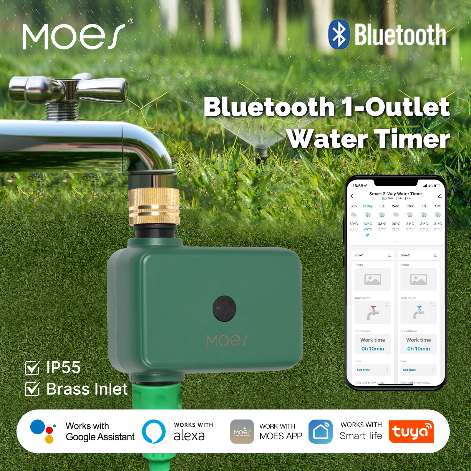 

MOES Tuya Smart Bluetooth 1-Outlet Valve Sprinkler Water Timer Auto Programmable Controller Rain Delay Filter Washer App Control