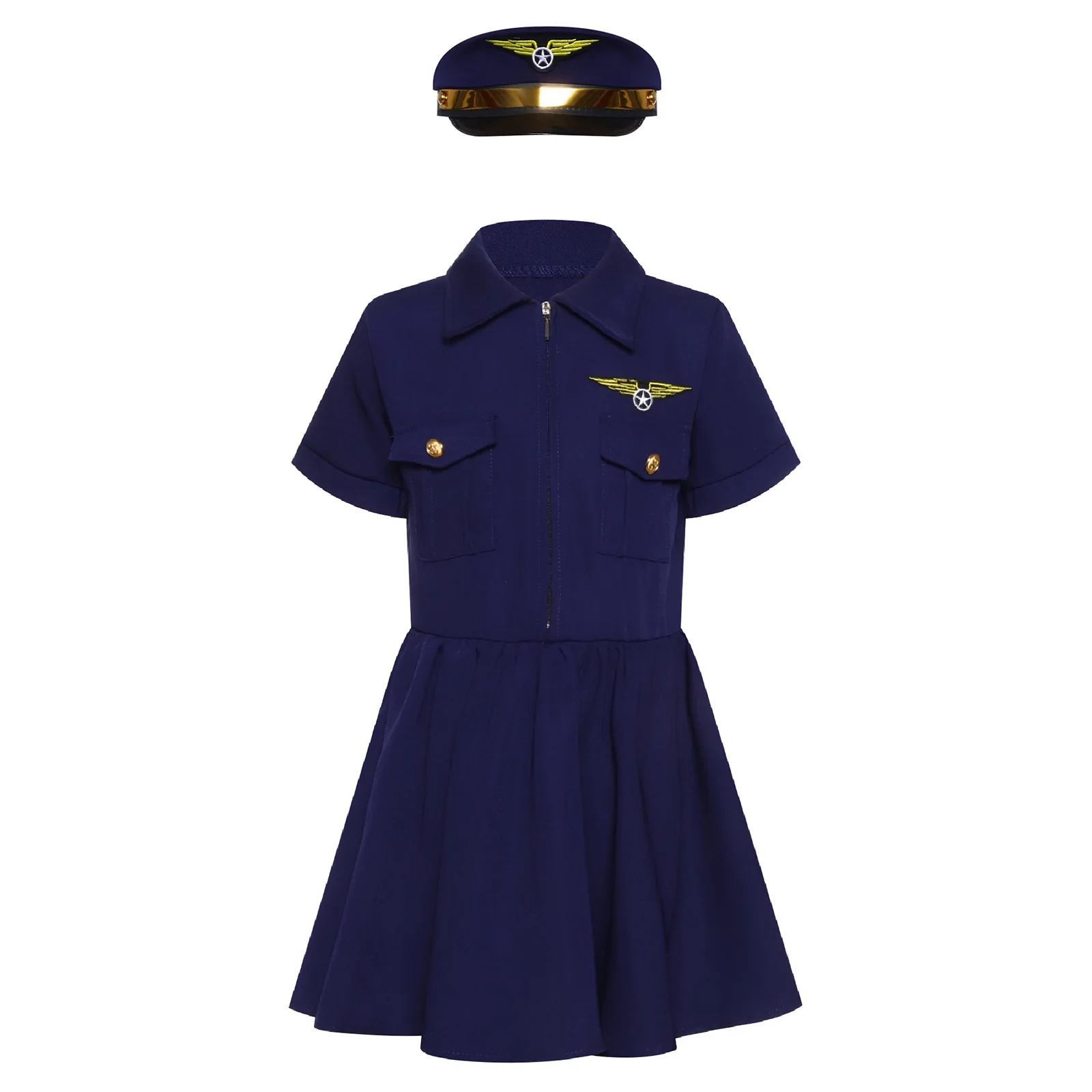 Girls Pilot Flight Uniforms Children Halloween Theme Party Navy Captain Cosplay Costume Short Sleeve Zipper Dress with Badge Hat