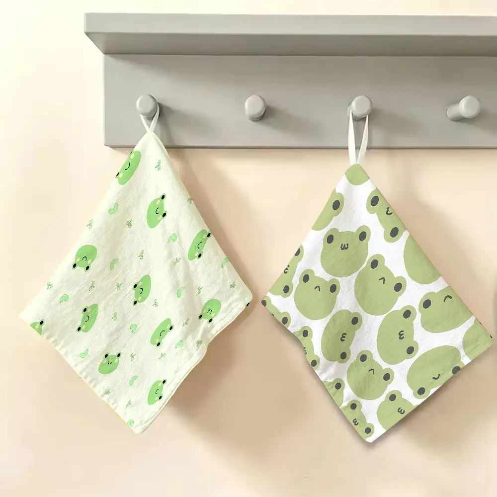 Cute Frog Hand Towel Cartoon Frog Polyester Cotton Hand Towel Soft Quick‑Drying Kitchen Bathroom Dish Cloth Home Daily Use