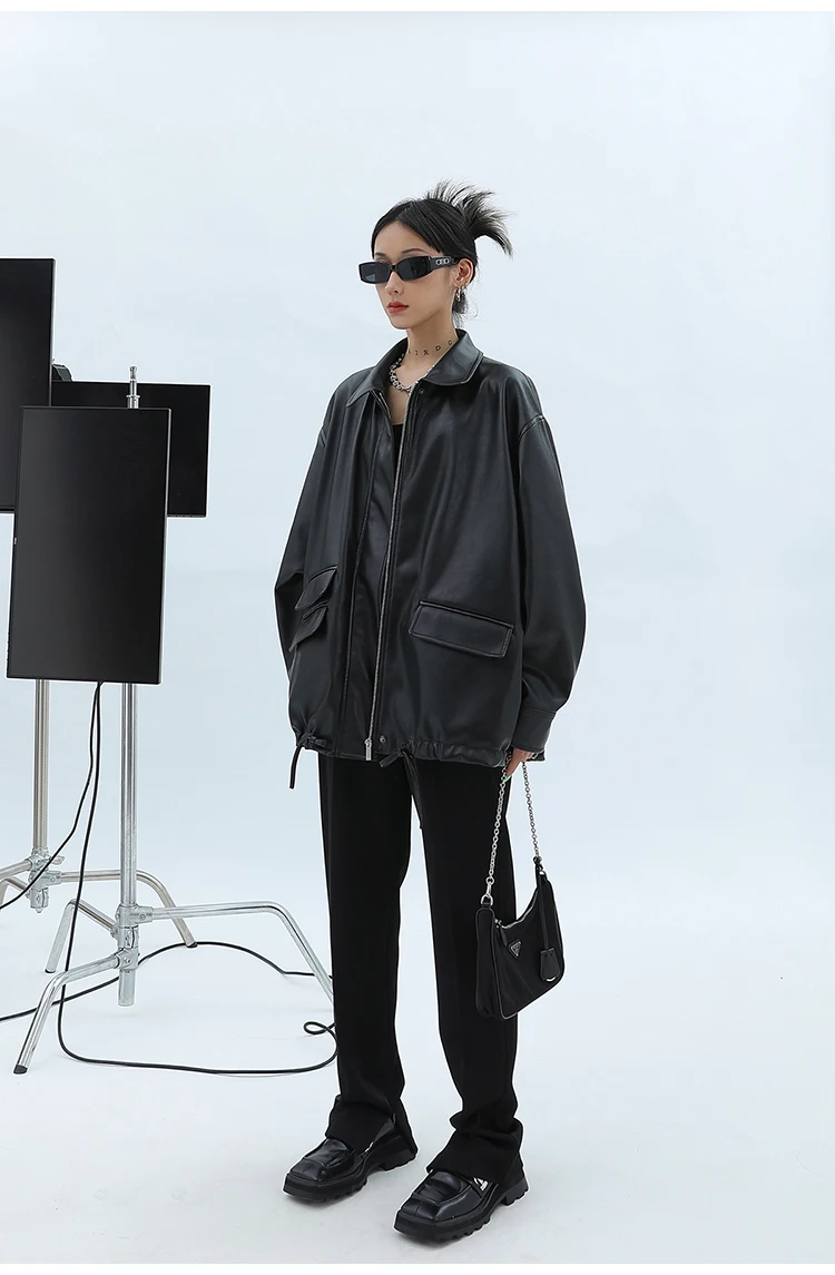 Lautaro Spring Autumn Oversized Casual Waterproof Black Soft Pu Leather Jacket Women with Drop Shoulder Long Sleeve Fashion 2022