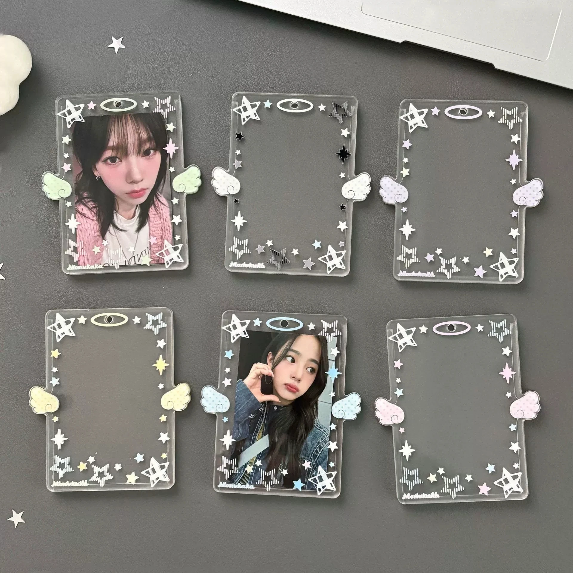 MINKYS 3 inch Transparent Clear Acrylic Star Wings Kpop Photocard Holder Photo Card Holder Bag Pendant School Stationery