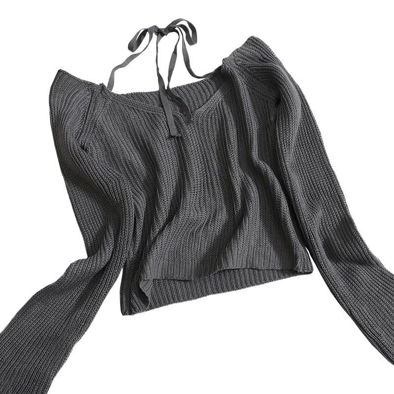 Suéter fino con cuello en V para mujer, Jersey Sexy de punto con cuello Halter, manga larga, Tops cortos informales coreanos de punto para otoño, novedad de 2023