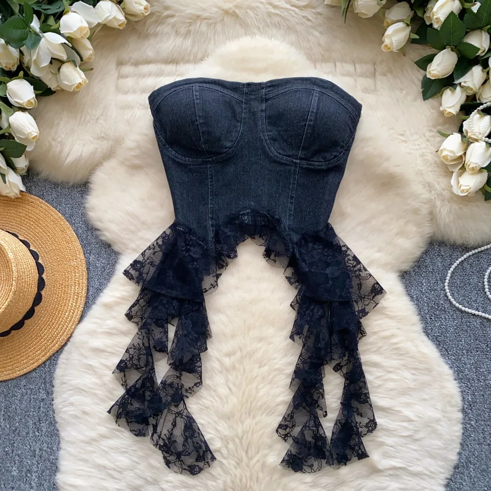 Sexy Spliced lace Chic Crop Top Korean Tanks Top Women Women Corset Bustier  women clothing