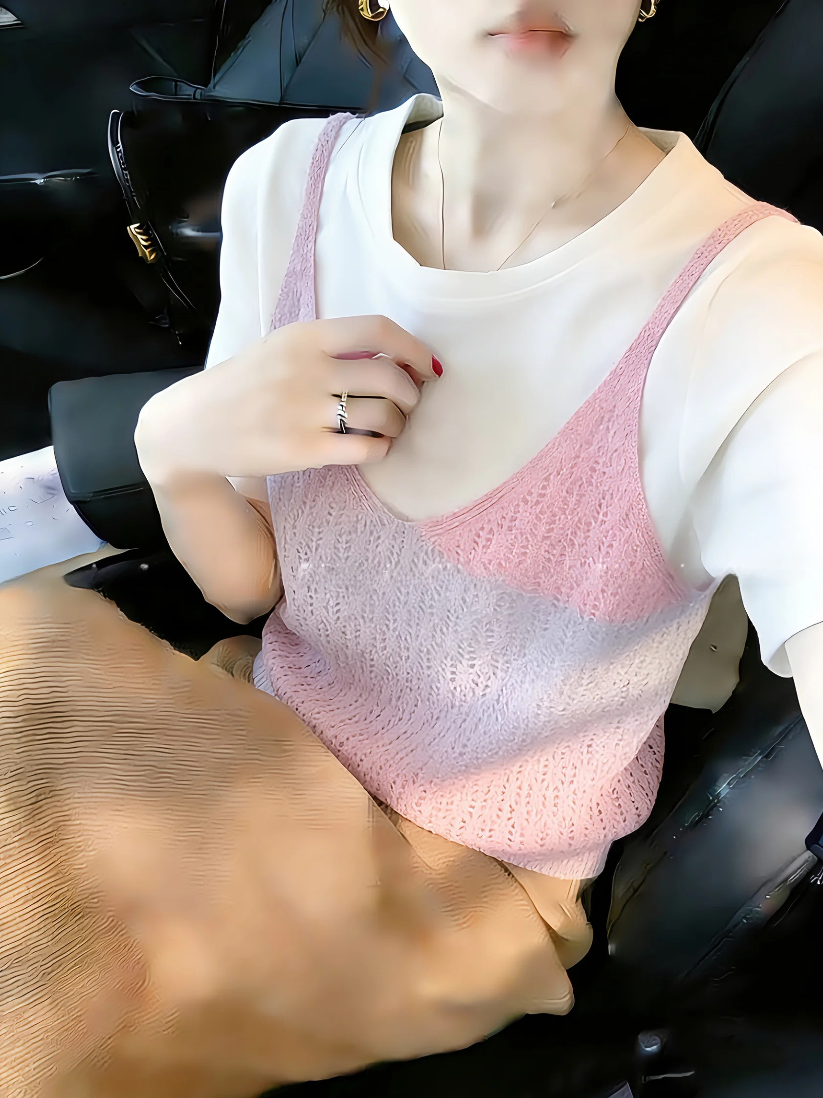 

Hollow out Knitted Strap Vest Women's Summer New Simple Short Sleeve Top Two Piece Set Korean Style Straight Cut Silk