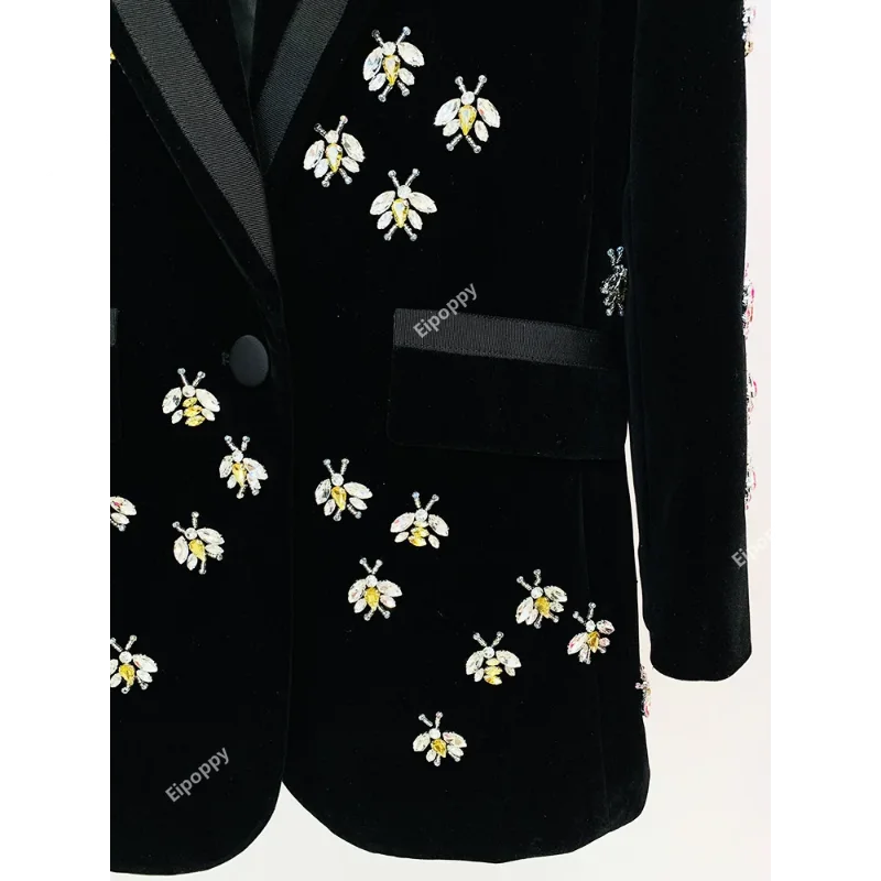 Black Velvet Blazer WomenDiamond Studded Pearl Bee Jacket for Party Wedding Wear Slim Fit Bee Diamond Studded Velvet Suits Coat