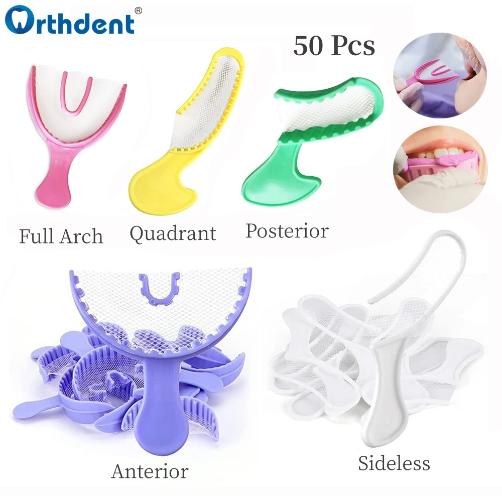 

50Pcs Dental Bite Impression Trays Disposable Plastic Registration Tray With Net Teeth Holder Half Arch Large Tray Colorful