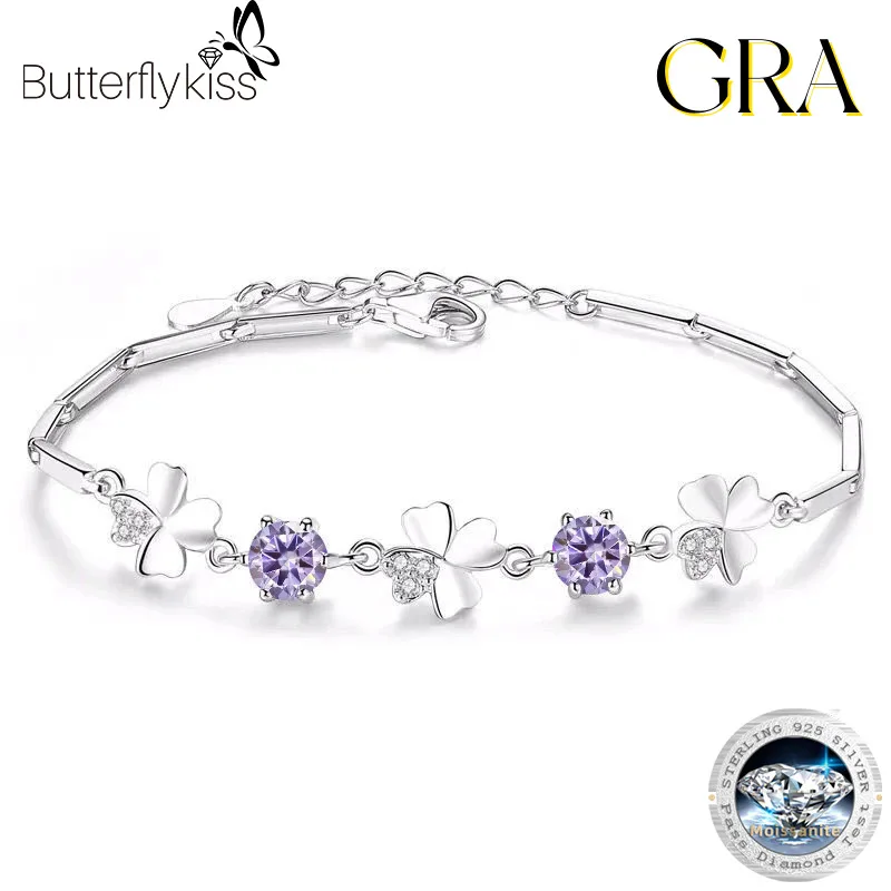 

Butterflykiss Four Leaf Clover 925 Sterling Silver Moissanite Bracelet For Women 5mm Pass Diamond Test High Quality Jewelry Gift