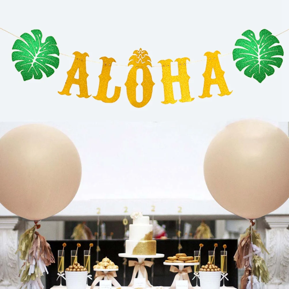 

Monstera Banner Hawaii Paper Hanging Festival Banner for Birthday Wedding Celebration Colorful Wall Ceiling