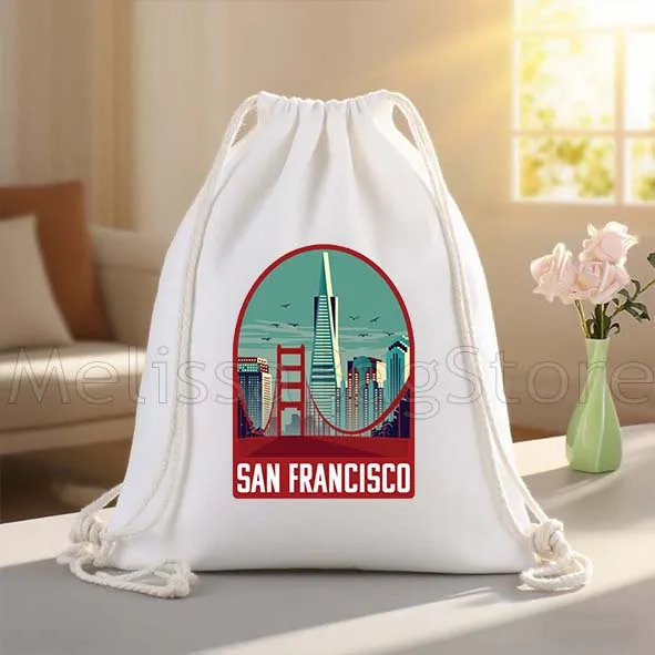 San Francisco California Golden Gate Bridge Gifts Canvas Drawstring Bags Soccer Backpack Gym Sackpack Gifts String Bag for Sport