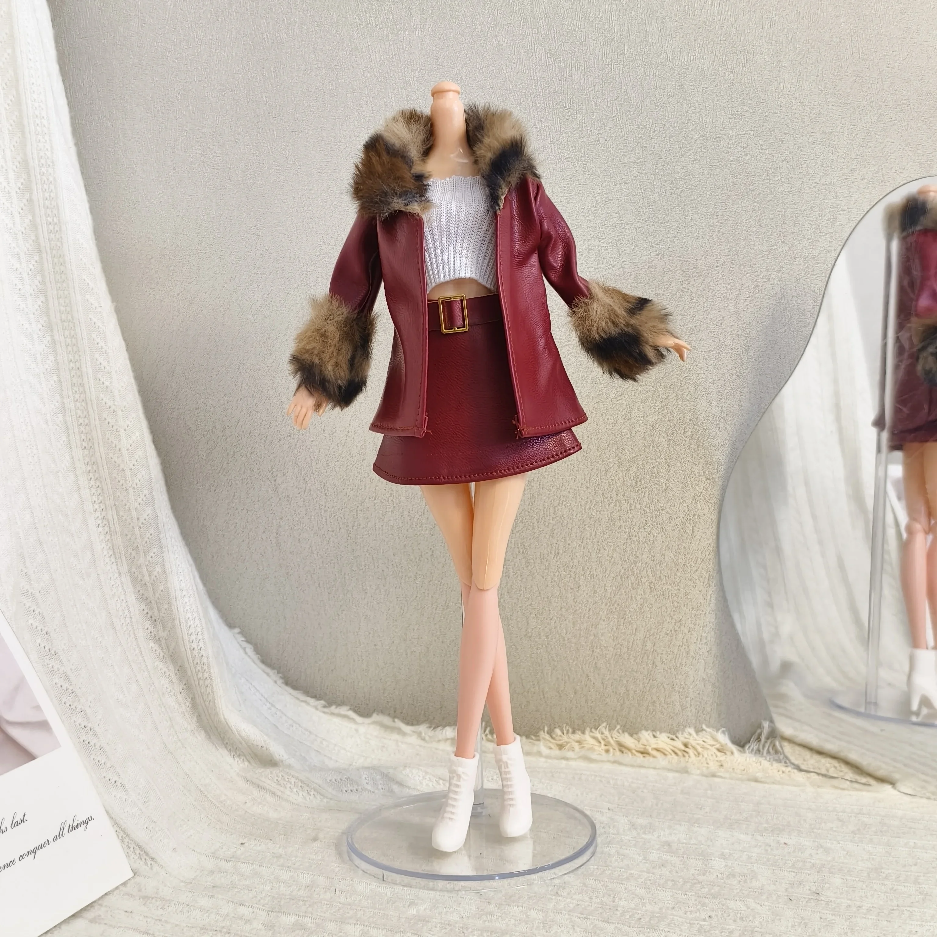 New style Toy doll accessories Winter Fashion Leopard-print Fur Jacket+Short Skirt+Shoes Clothes Set for BB FR 1/6 scale dolls