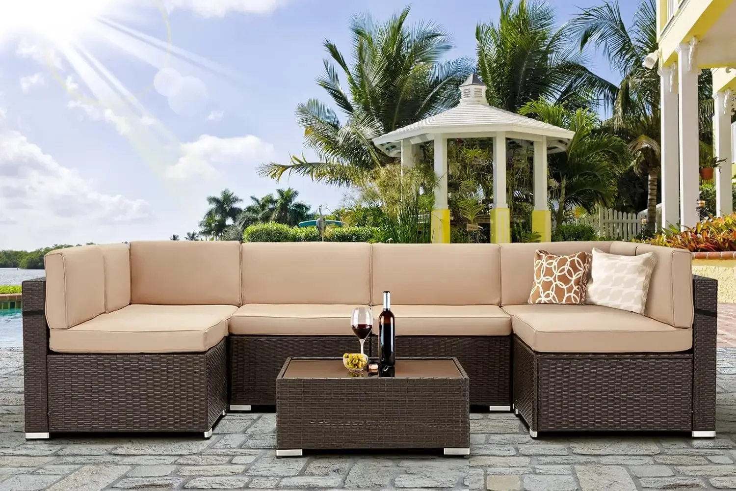 7 Piece Outdoor Patio Furniture Set, PE Rattan Wicker Sofa Set, Outdoor Sectional Furniture Chair Set