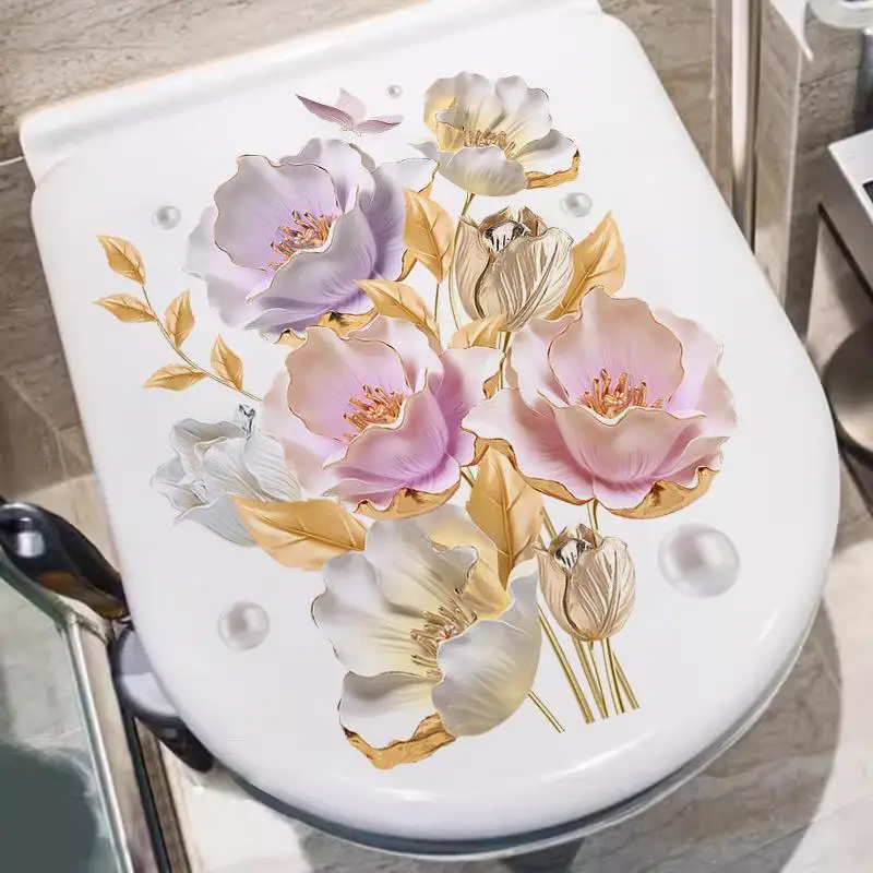 Luxury Gold Pearl Floral Toilet Sticker, Waterproof Self-Adhesive Bathroom Decor Sticker Wall Stickers Wall Sticker Wall Decor