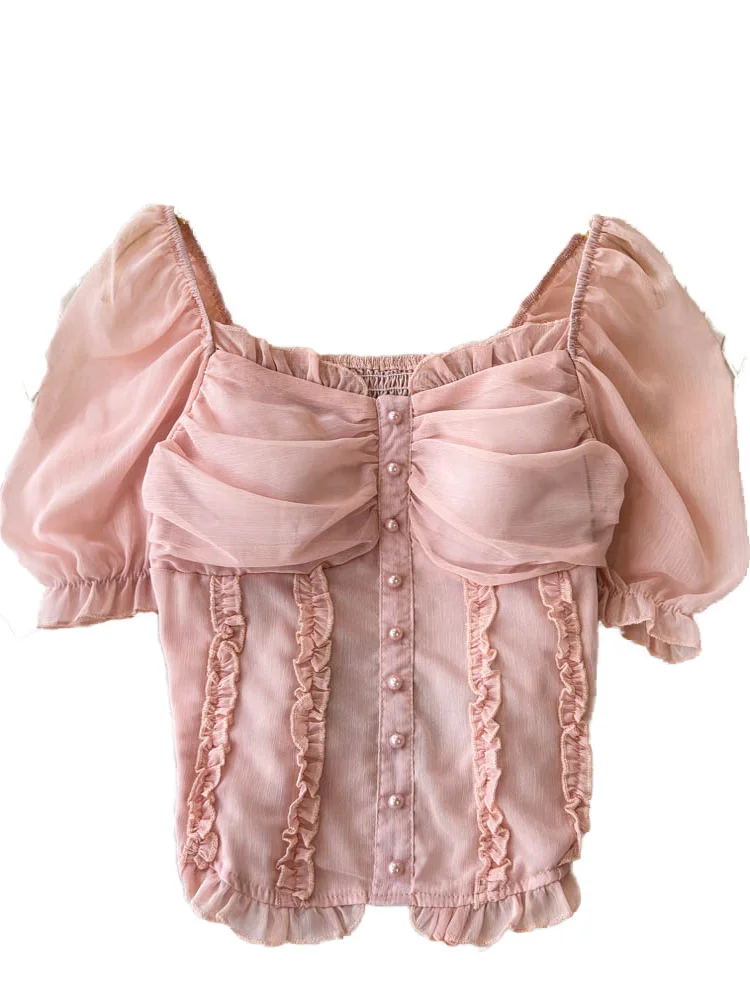 

Ele Heavy Embellied Wood ain Ruffle irt Women's Spring Summer New Sle Pure Desire Square Collar Chiffon Bubble Sl...