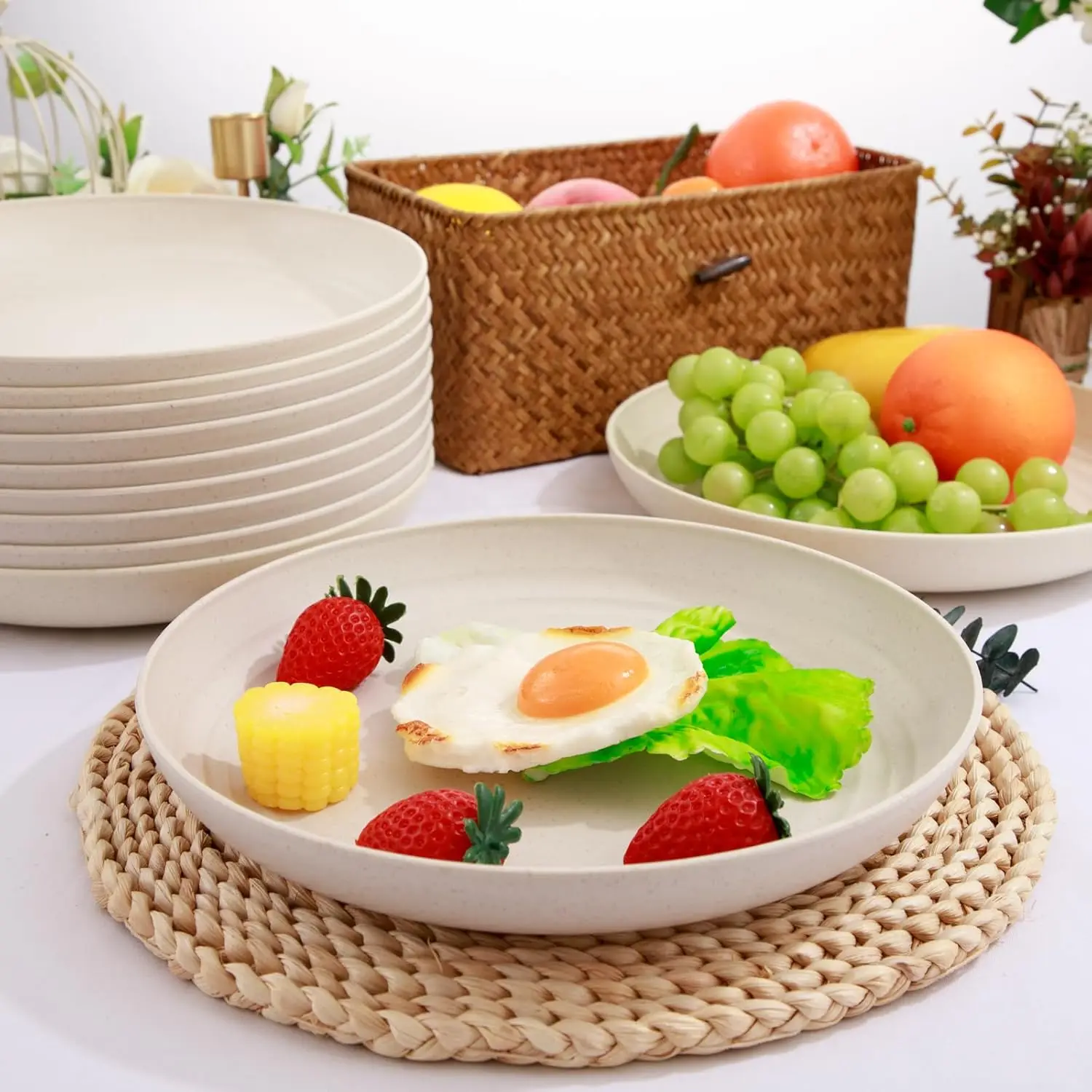 4-teiliges Teller-Set aus cremefarbenem Weizenstroh, unzerbrechlichem Kunststoff, tiefes Speiseteller, wiederverwendbar, leichtes Aufbewahrungstablett für Zuhause und Küche