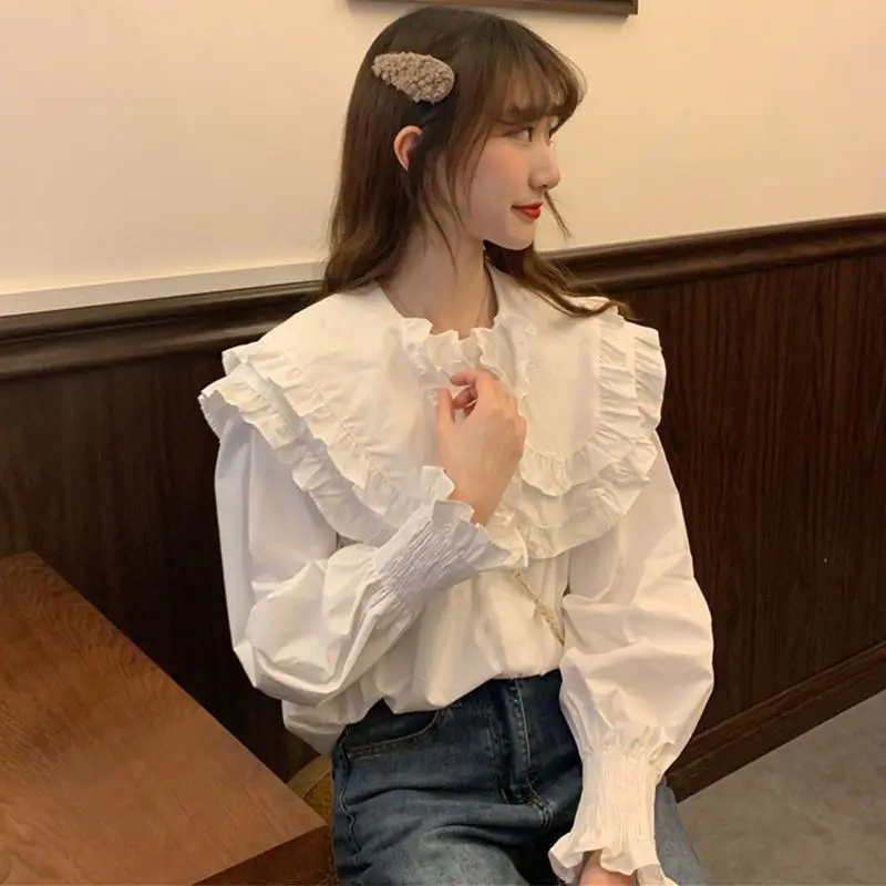 Sweet Fresh and Cute Ruffled Doll Collar Long Sleeve Shirt for Women