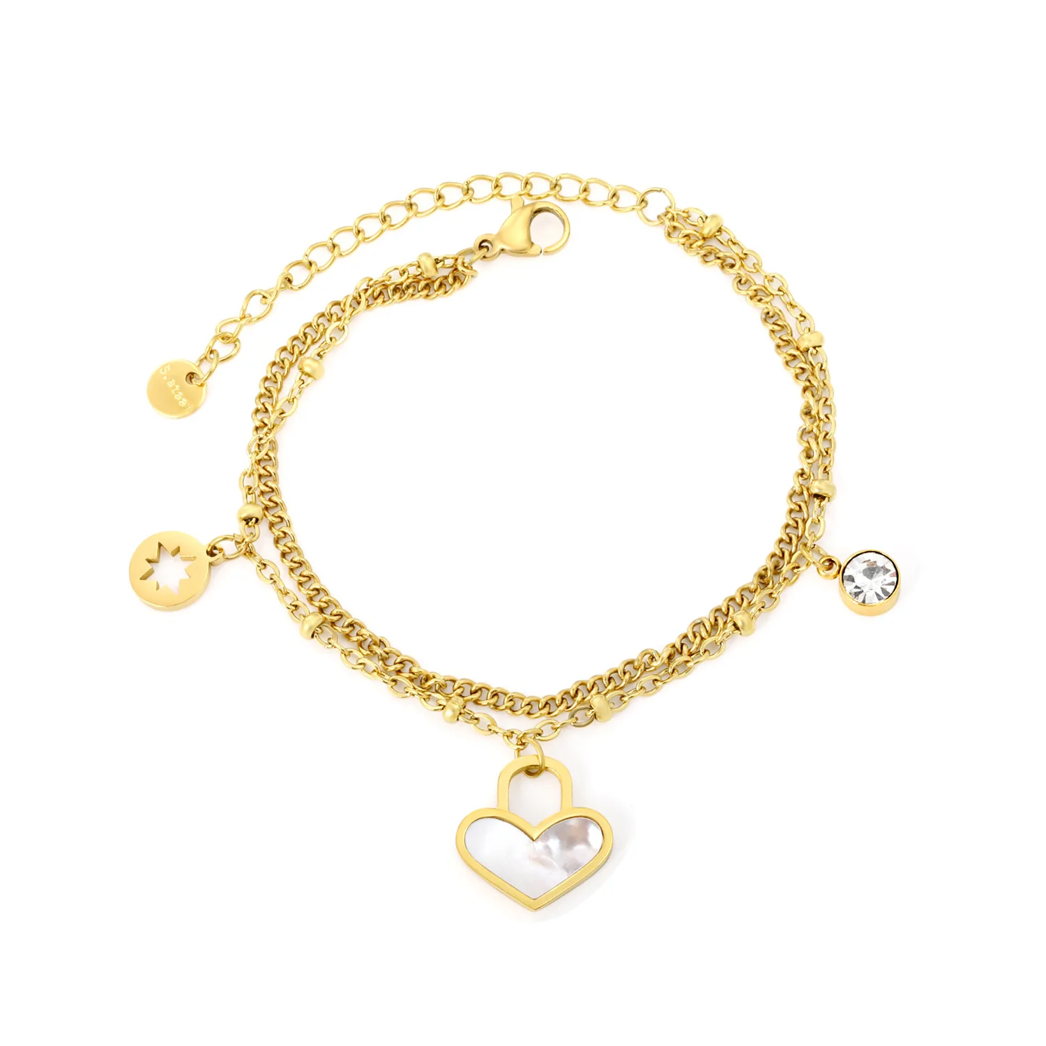 

Heart-shaped bracelet, unique design, double-layered, white seashell lock heart-shaped pendant.