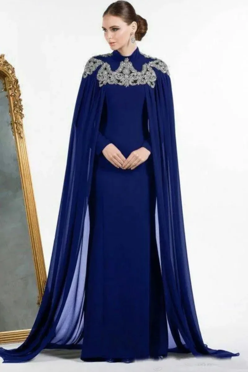 Customize Dark Blue Dubai Evening Dresses With Cape Beaded High Neck Long Sleeve Kaftan Mermaid Prom Dress Morocco Mom Dress