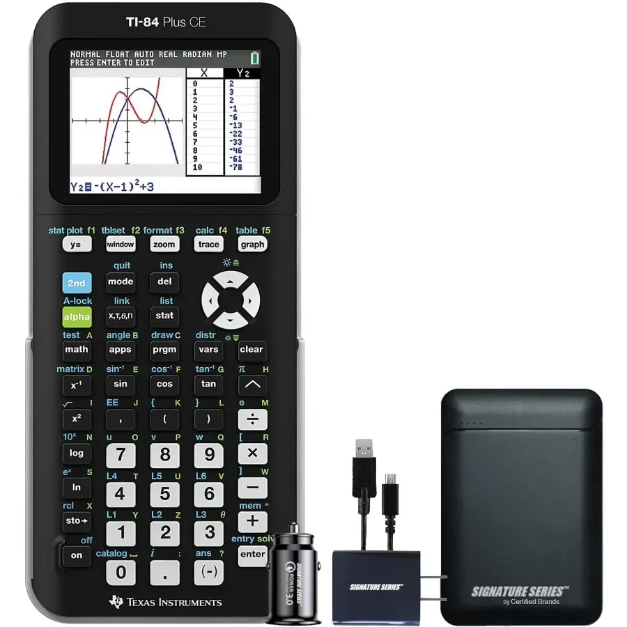 آلة حاسبة الرسوم البيانية Texas Instruments TI84 Plus CE باللون الأسود مع تطبيقات مدمجة بشاشة ملونة متضمنة اختبار البرامج