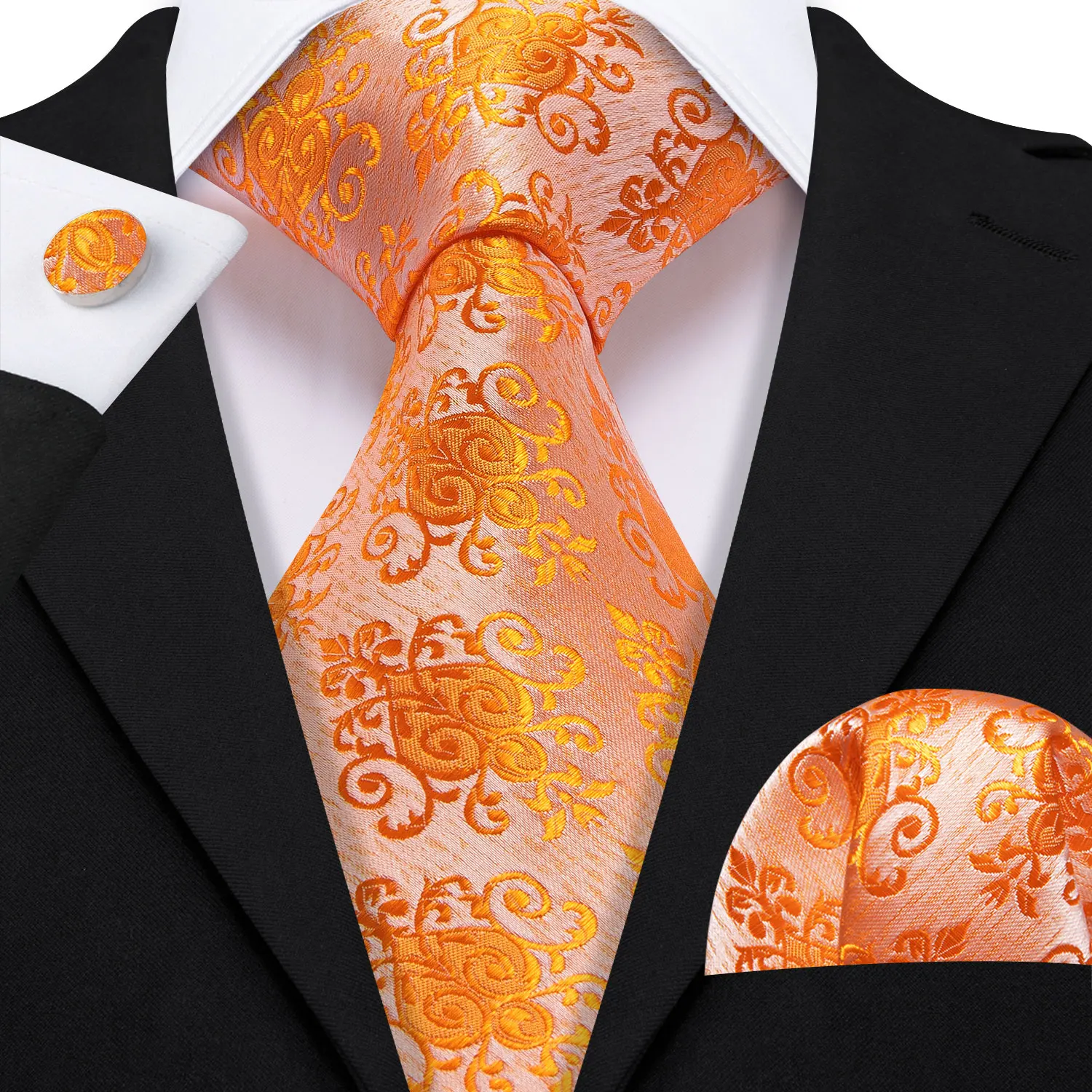 Exquisite Orange Silk Men Tie For Wedding Classic Jacquard Woven Pocket Square Cufflinks Sets Business Party Gifts Barry.Wang