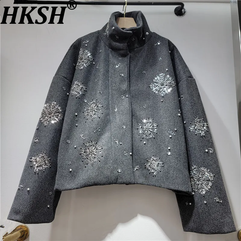 HKSH Women Jacket Street Style Vintage Loose Stand Collar Embroidered Flares Sequins Zipper Design Casual Dark Punk Coat HK26763