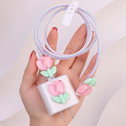 3D Tulip Protective Sleeve for Apple IPhone 18/20w Charger Case Protectors Cartoon Cute Cable Organizer Transparent Cable Winder