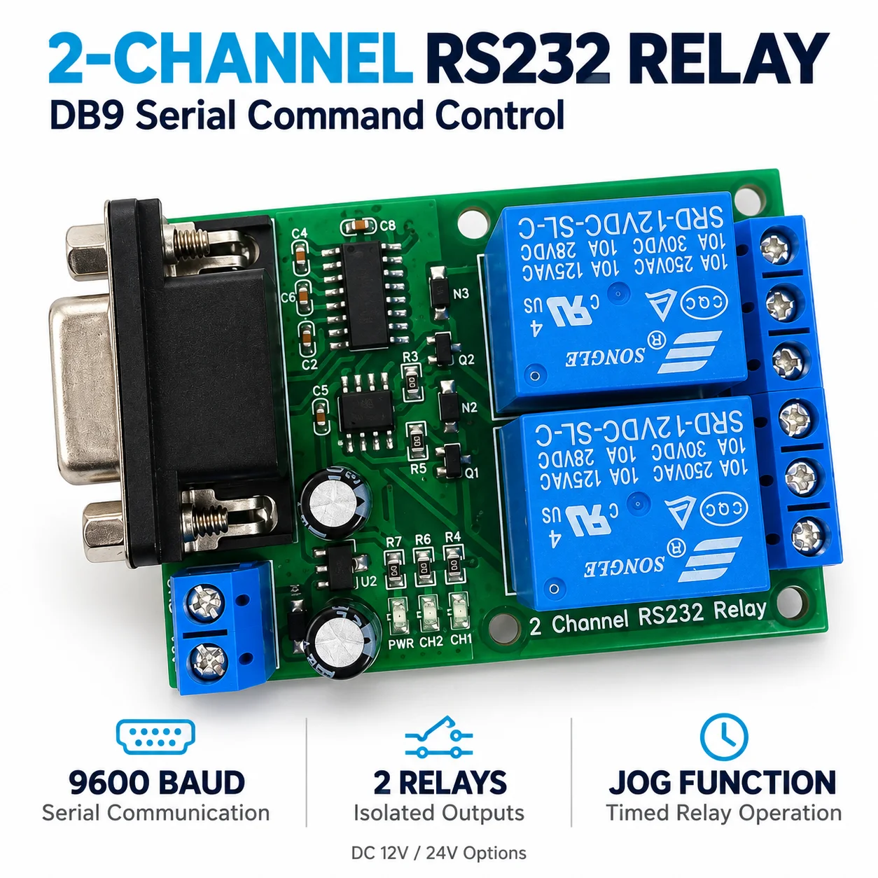 DC 12V 24V 2 Channel RS232 Relay Module DB9 UART Serial Port Control Switch Board for PC PLC Motor LED PTZ