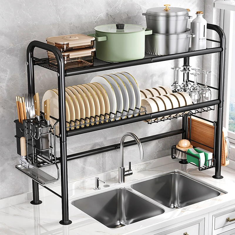 2 Tier Over Sink Dish Drying Rack, Large Metal Kitchen Dish Drainer with Utensil Holder, Space Saving Organiser for Kitchen
