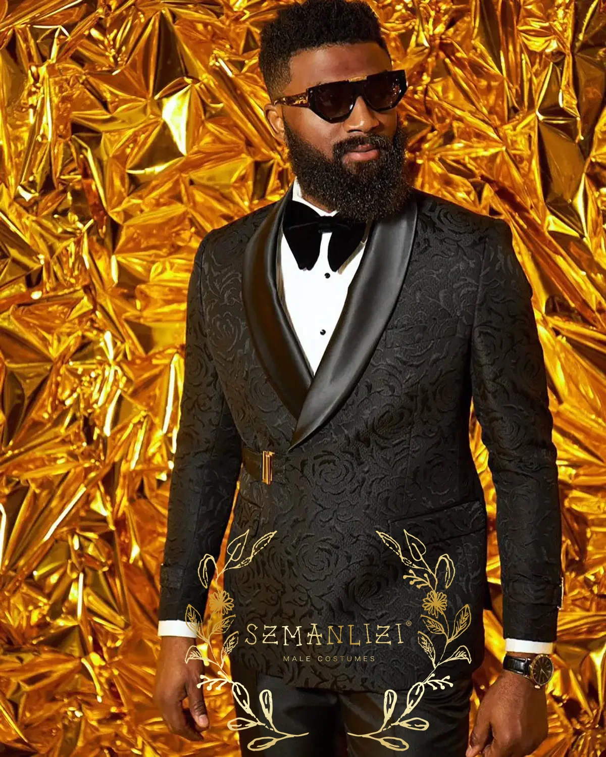Black Floral Men Suits Wedding Groom Tuxedos 2 Pieces Formal Blazer Shawl Lapel Double Breasted Prom Suits (Jacket+Pants)