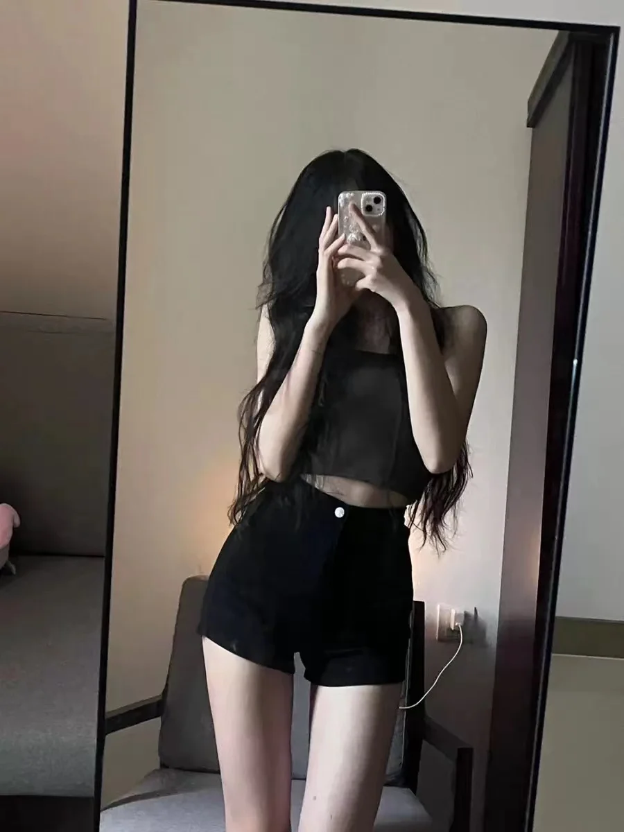 

High Waist Black Denim Shorts Women's Spicy Summer New Vintage Tight Slimming Butt Lifting Hot Pants Trendy Cotton Elastic