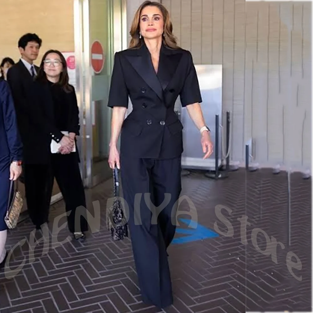 

New Fashion Women's Suit Double Breasted Short Sleeve Blazer Straight Pants 2 Piece Outfit Elegant Office Celebrity Party Sets