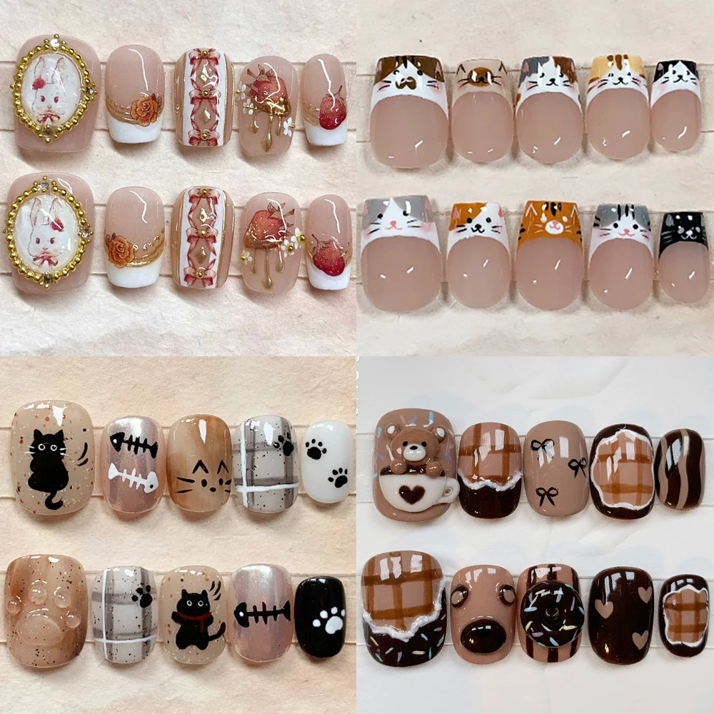 

Cartoon Sweet Lovely Handmade Short Square Round Full Cover Nail Cute Cat Bear Rabbit Flower Bowknot Cat Eyes Reusable Fake Nail