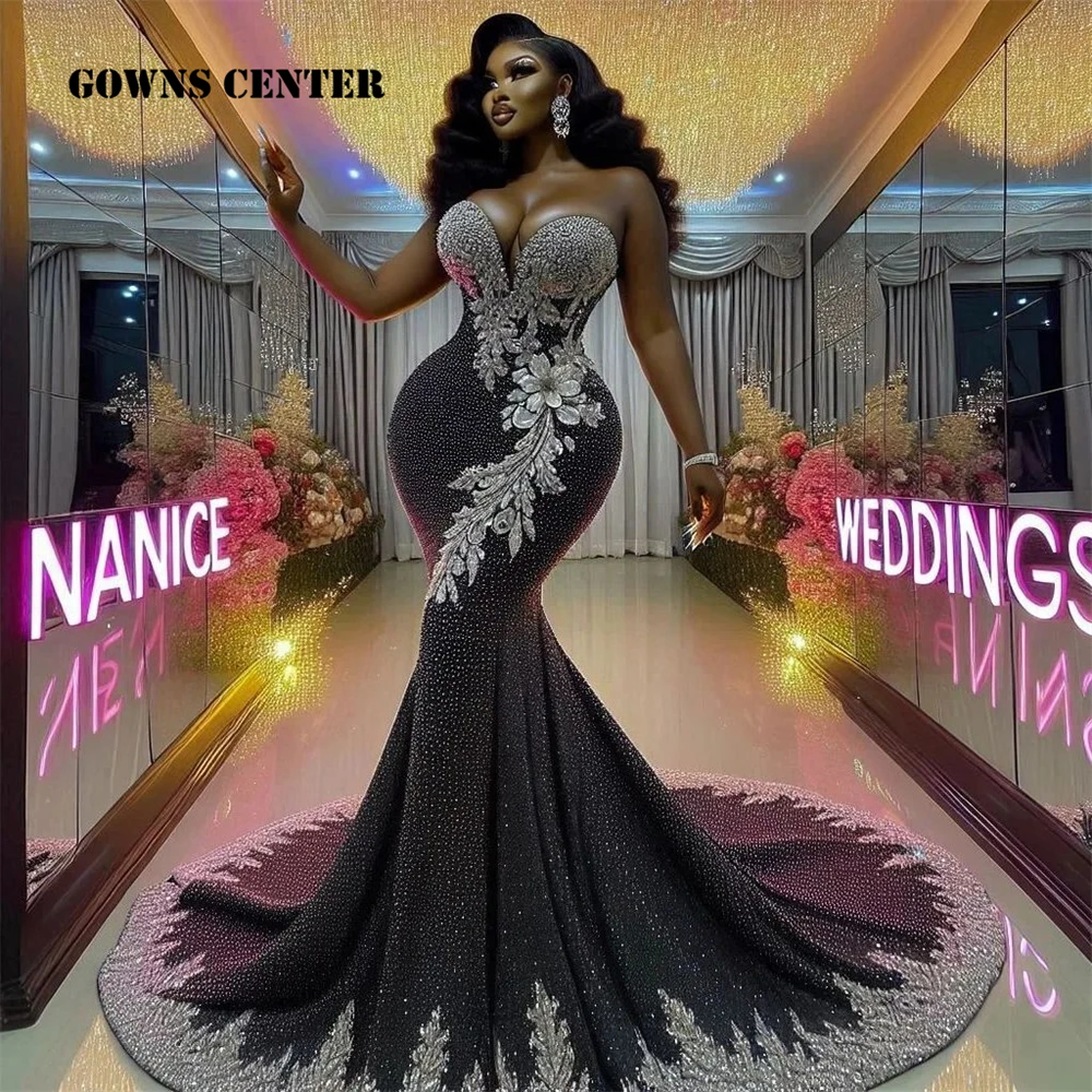 Amazing Aso Ebi Black Evening Dresses 2025 Luxury Beads Applique Mermaid African Reception Gown Wedding Party Dress Customized