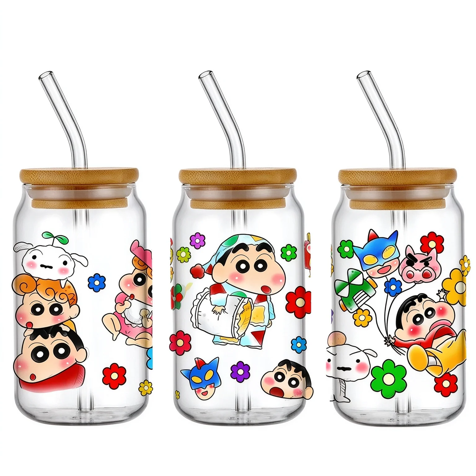 Cute Crayon Shin-chan UV DTF Cup Wrap Stickers Waterproof No Heat Transfer Vivid Print For 16oz Libbey Glass Can Anime Decal