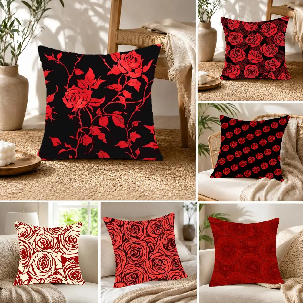 Classic flower red rose Cushion Cover Fluffy velvet Nordic style plush Living room sofa decorative