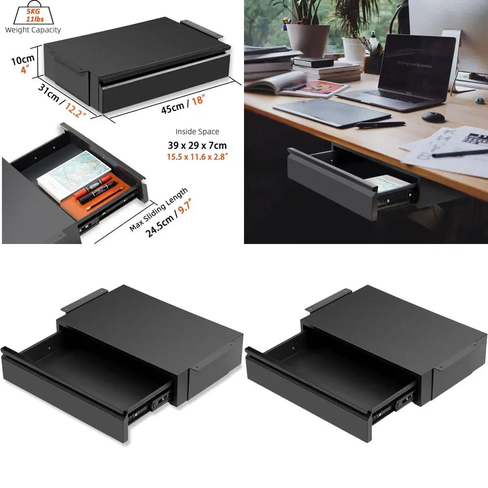 

18 Under-Desk Slide-Out Storage Organizer for Wood Tables or Workbenches, Black