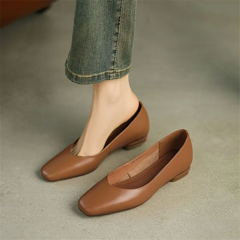 

2025 Spring/summer Shallow Mouth Square Toe Loafers Shoes for Women Cow Leather Woman Shoes Fashion Concise Low Heel Women Pumps