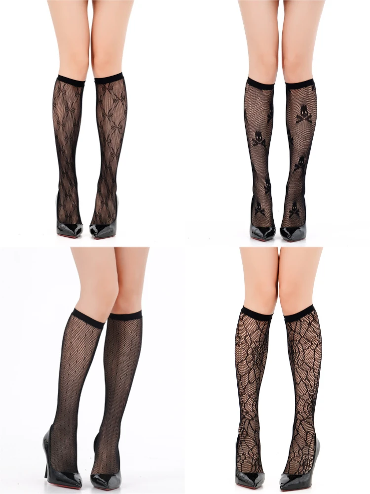 Women Sexy Fishnet Bow Skull Pattern Stockings JK Black Nylon Mesh Knee High Socks Polka Dot Spider Web See Through Hollow Socks