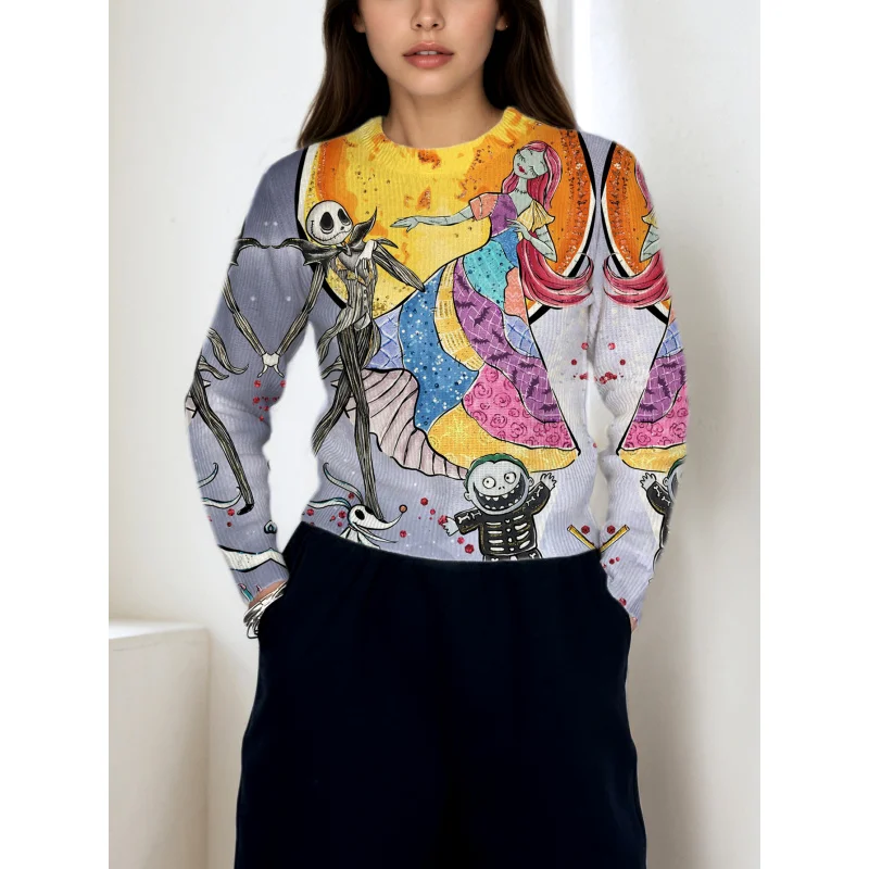 

Halloween Graffiti Dancing Skeleton Digital Print Women Sweater Knit Pullover Thick Loose Crew Neck Long Sleeve Autumn Winter