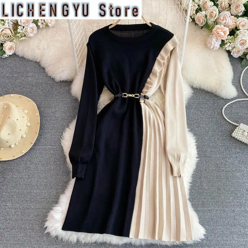 

New Women's Round Neck Ruffled Long Sleeve Waist Slim A-line Pleated Dress Vestidos Korean Fashion Autumn Winter