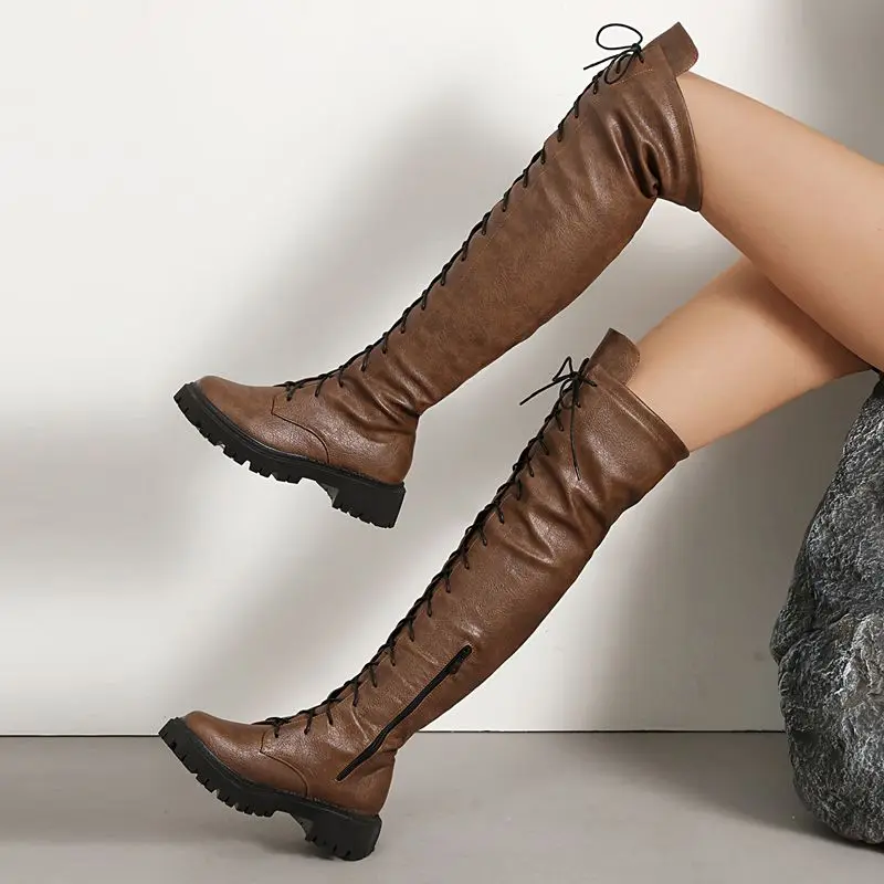 

ORCHA LISA Retro Women's Thigh High Boots Round Toe 4cm Block Heel Platform Zipper Lace Up Brown Black Big Size 43 Autumn Winter