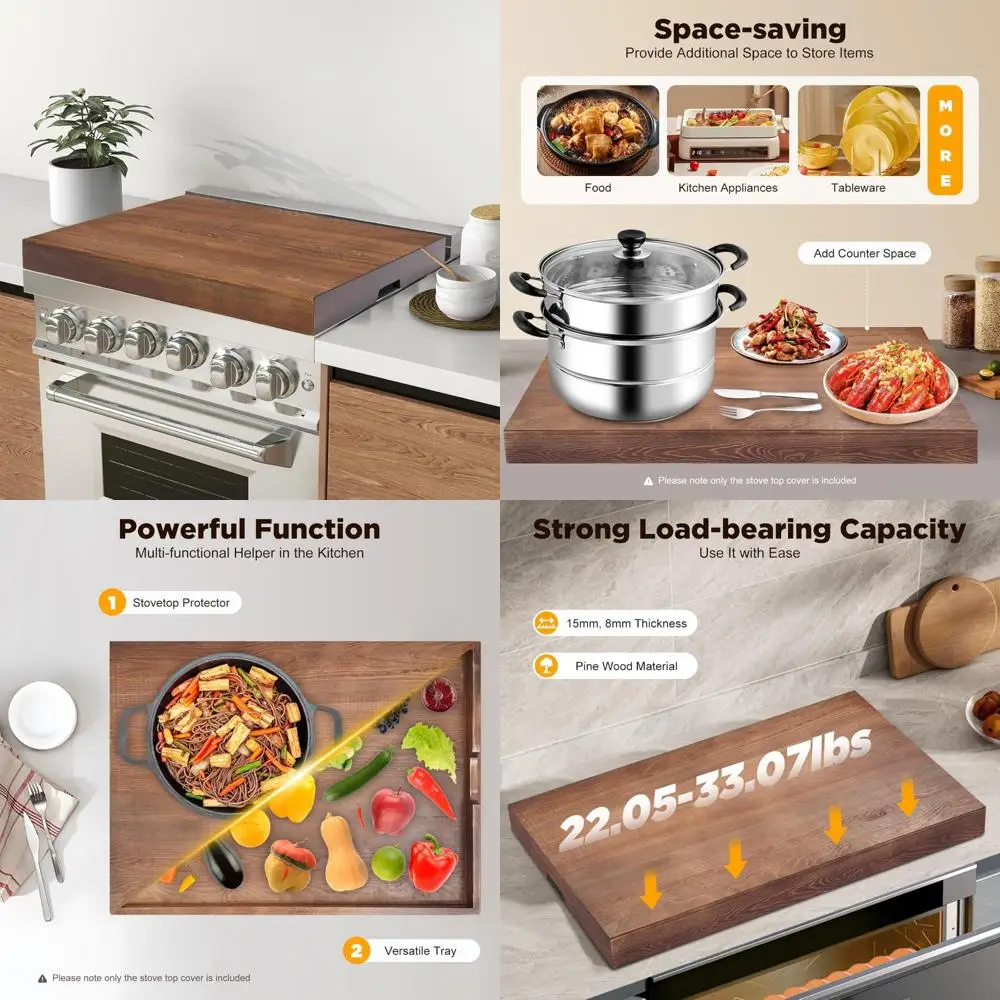 

Thick Pine Wood Gas Stove Cover with Integrated Handles, Brown Cutting Board for Counter Space
