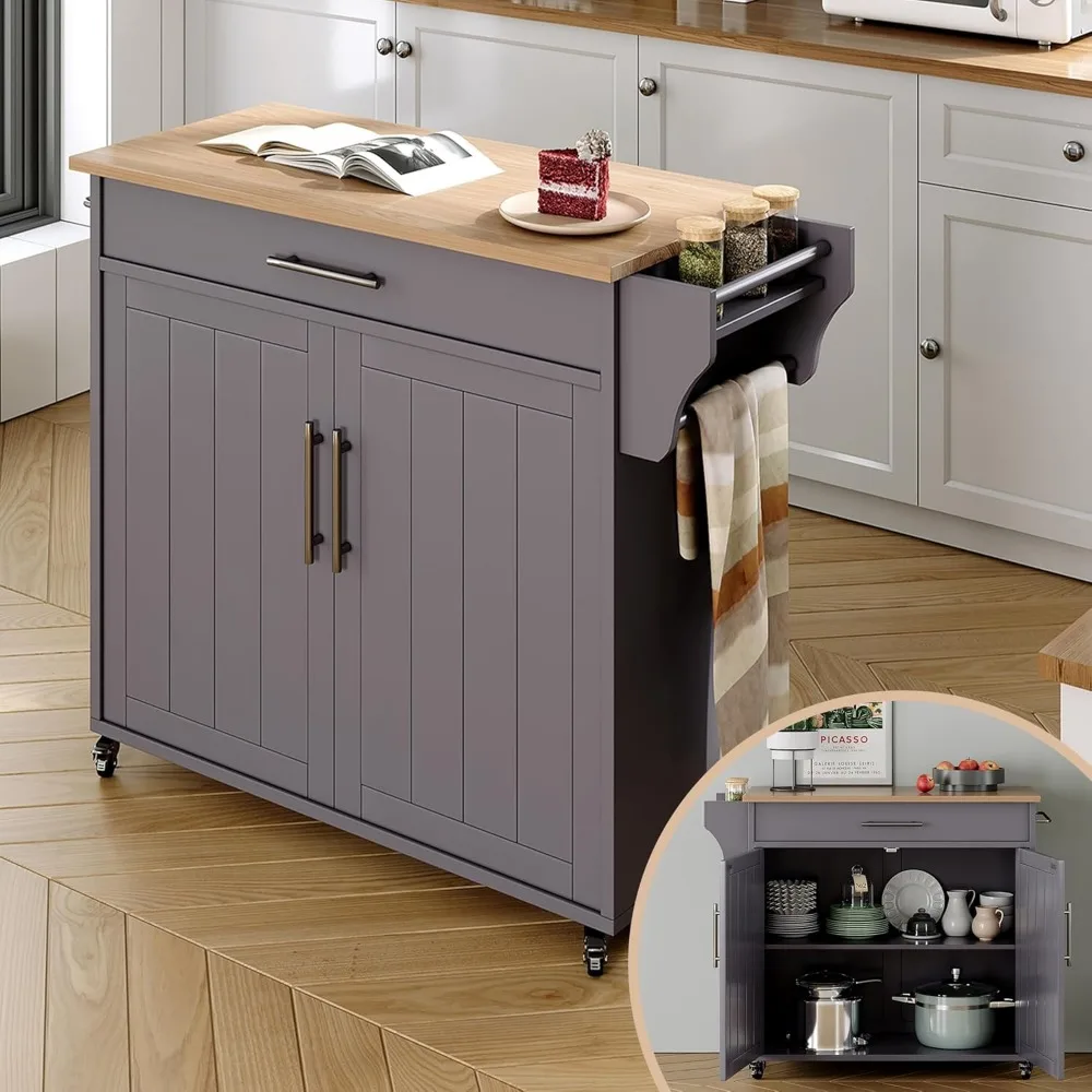 عربة جزيرة المطبخ الخشبية المتنقلة مع عجلات دوارة، وسطح منشفة، وبار توابل