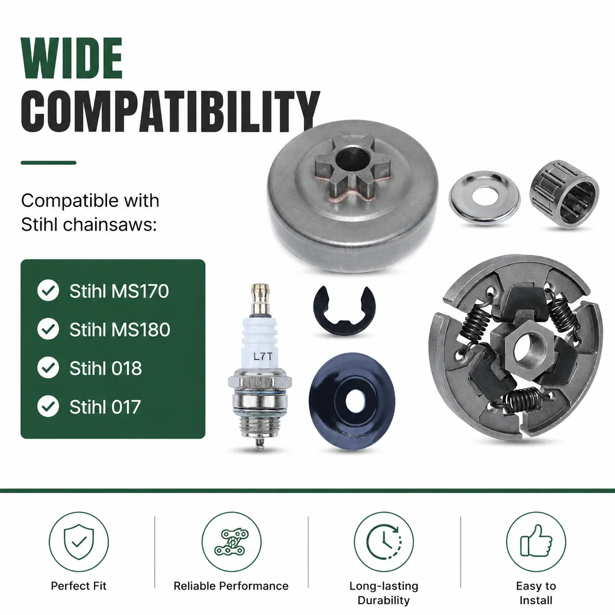 3/8 Zoll 6T Kupplungs-Kettenrad-Trommelscheiben-Lagersatz + Zündkerze für Stihl MS170 MS180 Kettensäge, ersetzt 1121 162 1001 1123 640 2003