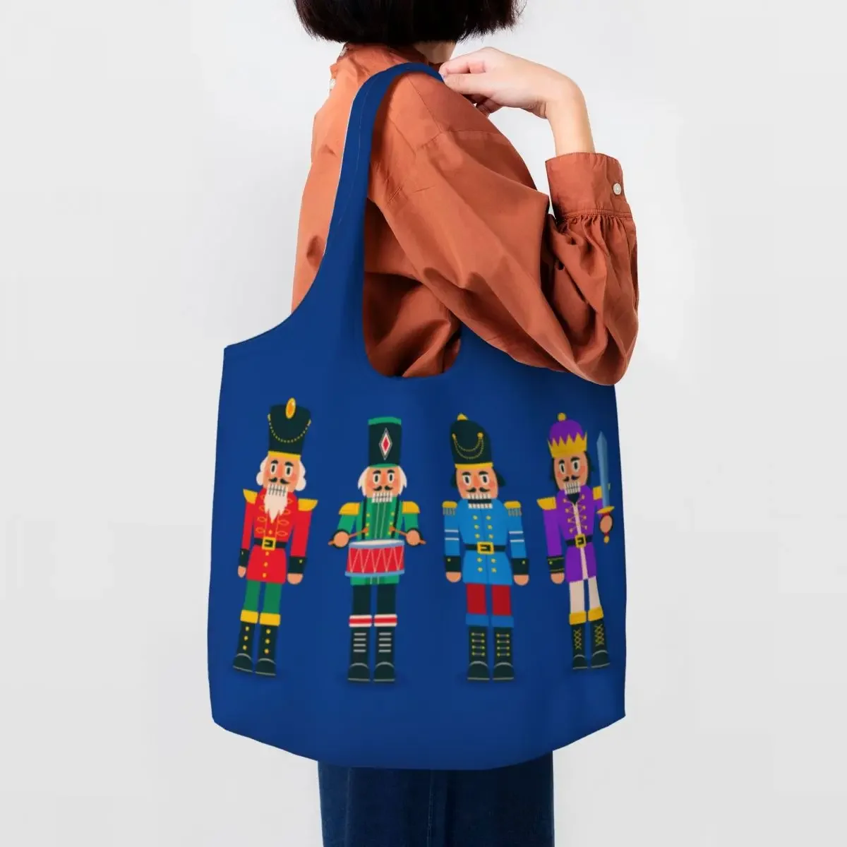 Cartoon Toy Soldier Christmas Nutcracker Gift Shopping Bag Women Shoulder Canvas Tote Bag Durable Grocery Shopper  Bags Handbag