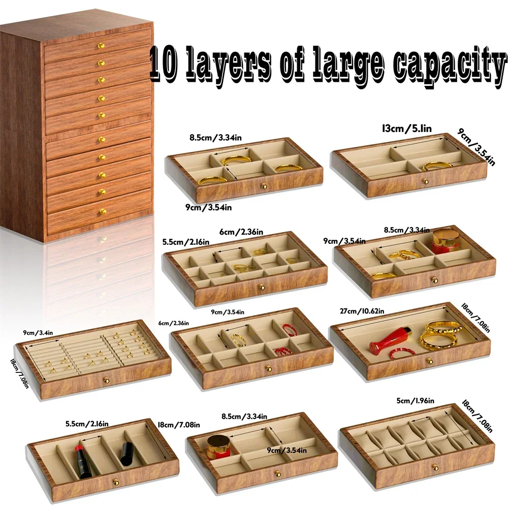 Деревянная шкатулка для ювелирных украшений YB 10 уровней, шкатулка для хранения ювелирных изделий, шкатулка для драгоценностей с выдвижным ящиком, дополнительная шкатулка для подарка женщине
