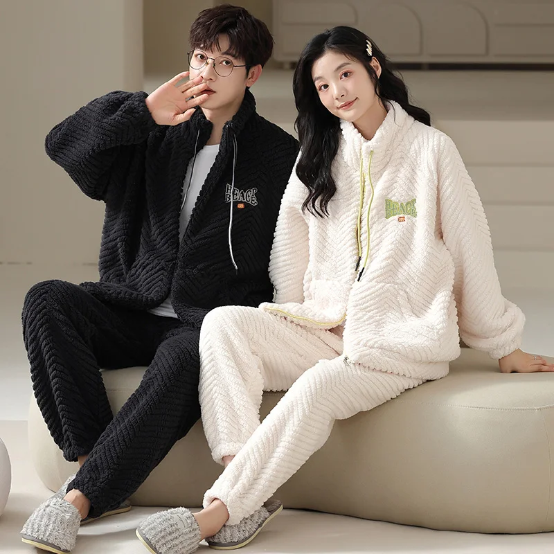 

High Quality Couple Pajama Set Thick Warm Men And Women Flannel Sleepwear Casual Homewear Cardigan Zipper Home Clothes